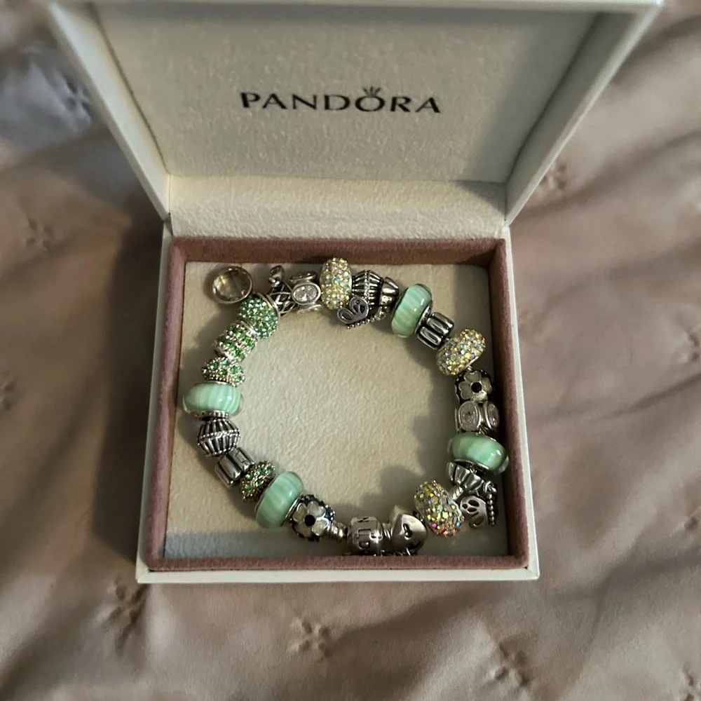 Pandora Silver Bracelet with Green Charms - Picture 1 of 5